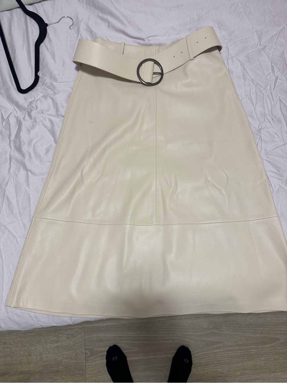 Mango Cream Faux Leather Midi Skirt with Round-Buckle Belt